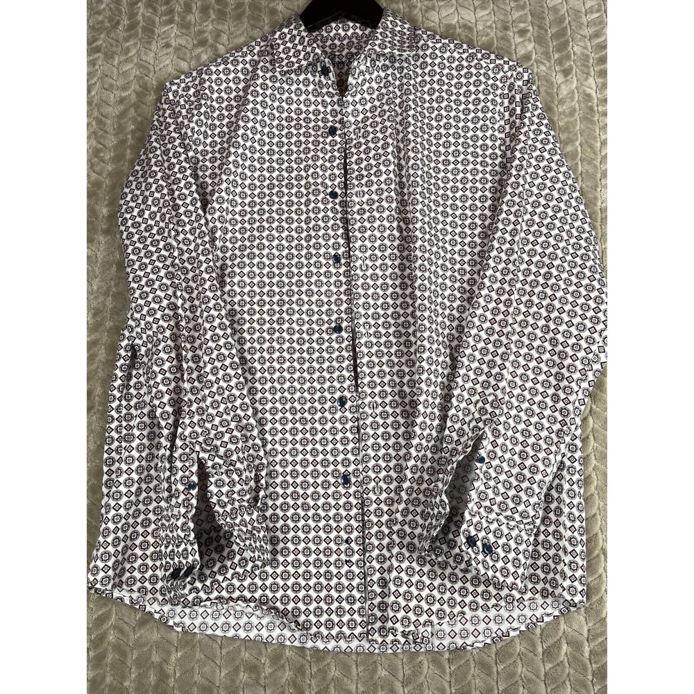 Tasso Elba Button Down Shirt Mens L White Burgundy Medallion Print Long Sleeve
